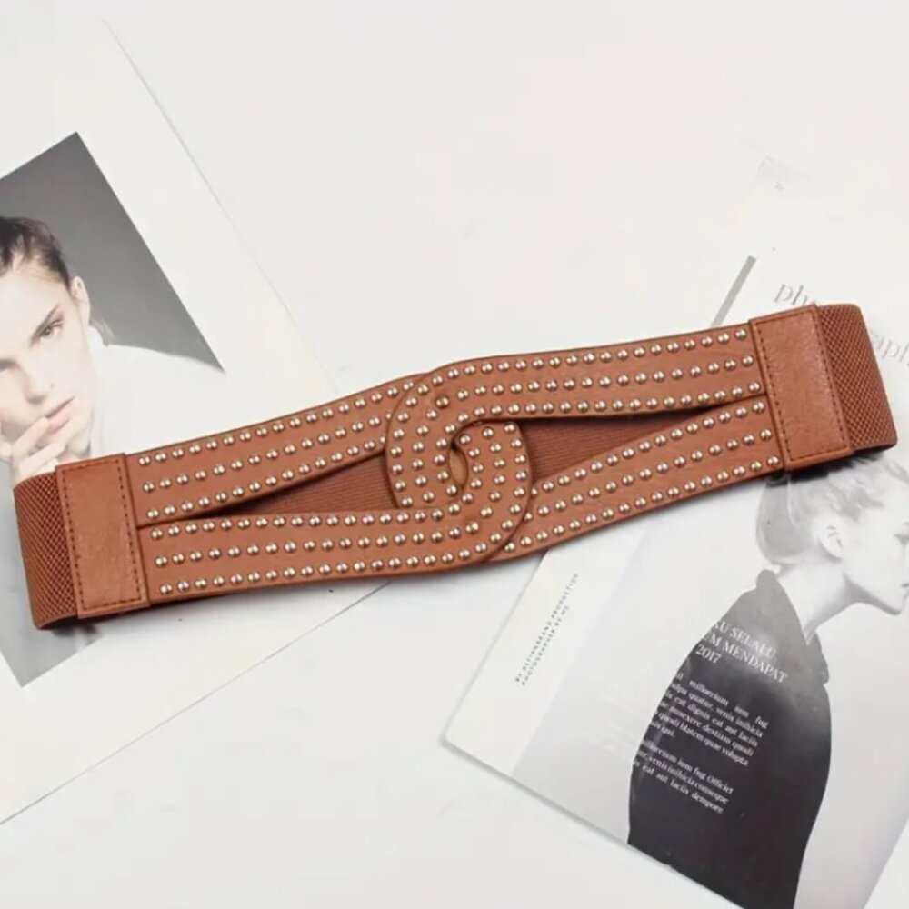 Women's Brown Vegan Faux Leather Studded Wide Double U Interlocking Belt